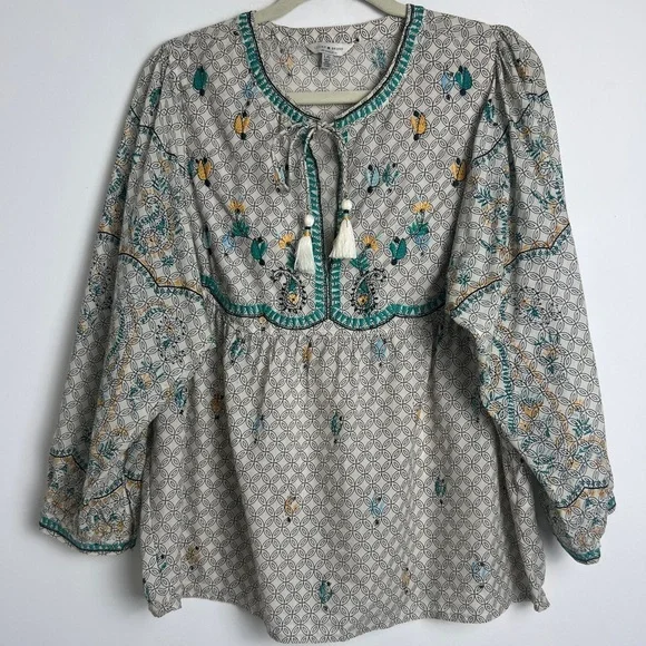 Lucky Brand Large Evelyn Embroidered Peasant Bohemian Tassel Balloon Sleeve Top - Picture 3 of 12